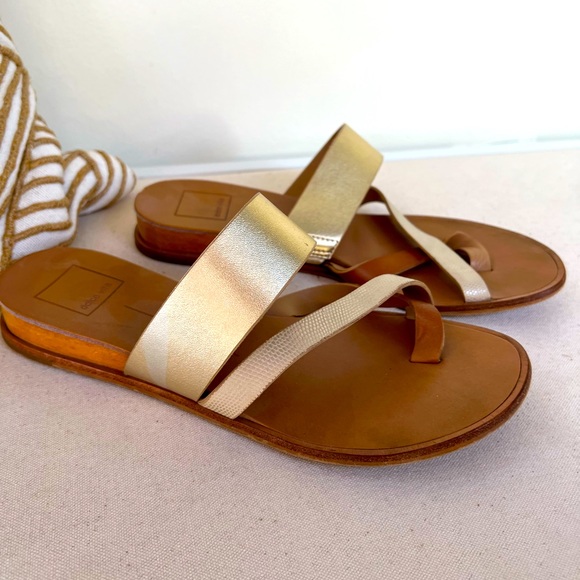 Women Dolce Vita 7.5 Gold Brown Cognac Strappy Sandals small wedge
